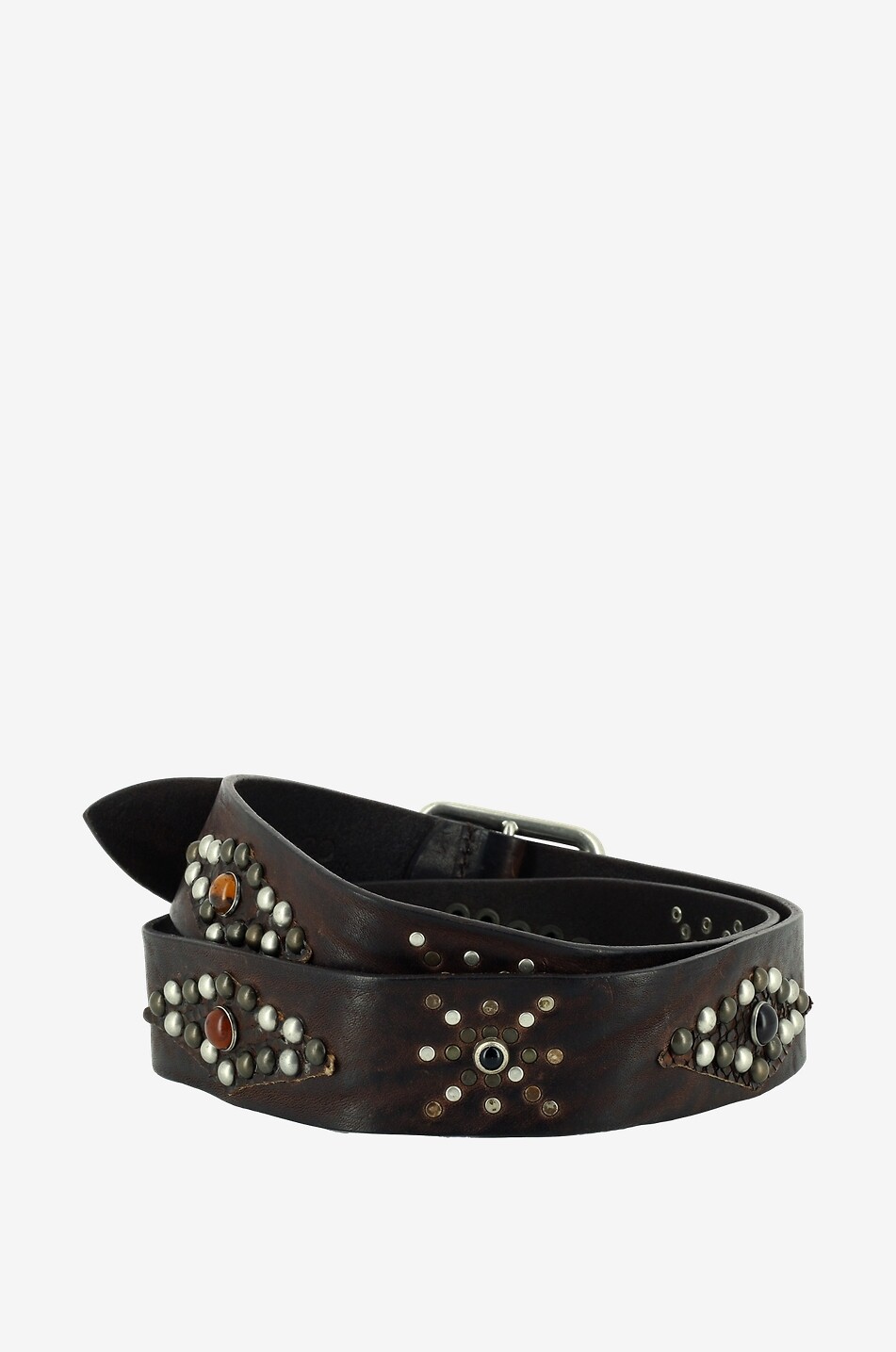 ANDREA D'AMICO Vintage stud and cabochon adorned leather belt Men DARK BROWN 2