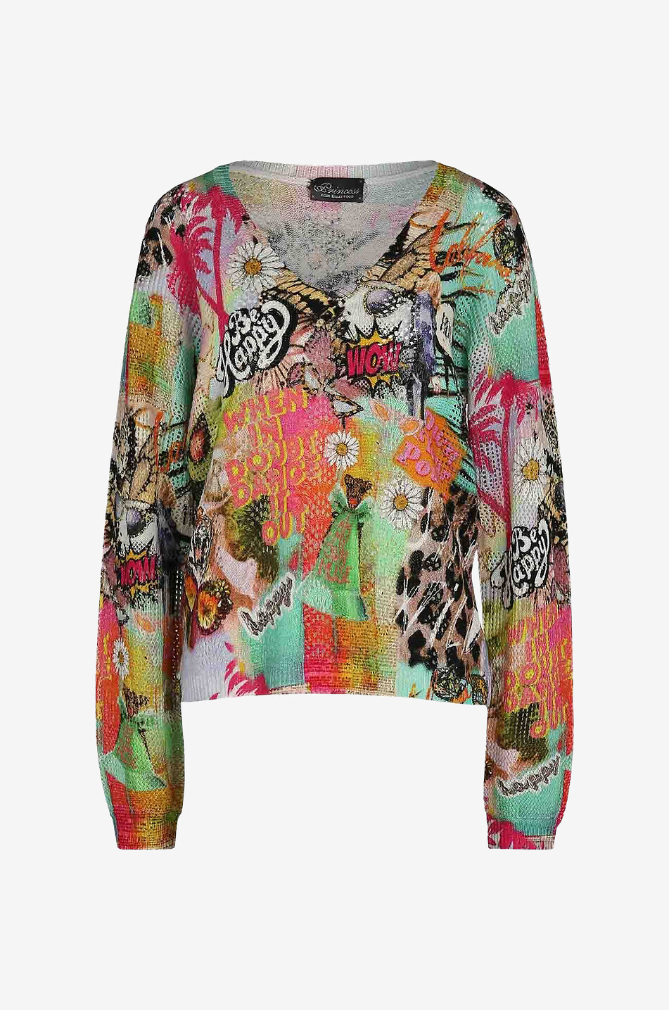 Wollpullover mit V-Ausschnitt mit Motiv