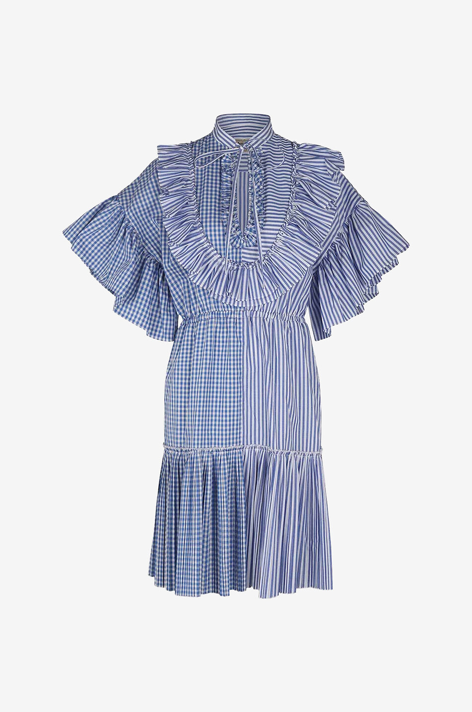 ALESSANDRO ENRIQUEZ Short ruffled gingham check and stripe adorned dress Women BLUE 1