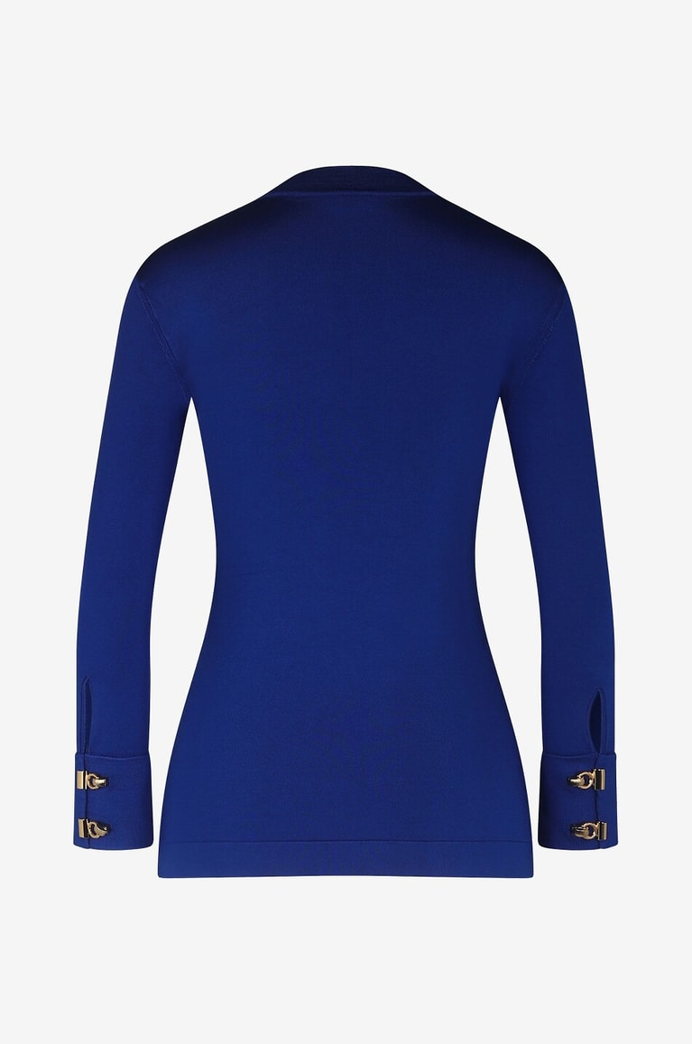 SAINT LAURENT PARIS Feiner satinierter Pullover mit Stehkragen und Hakendetails Damen BLAU 2