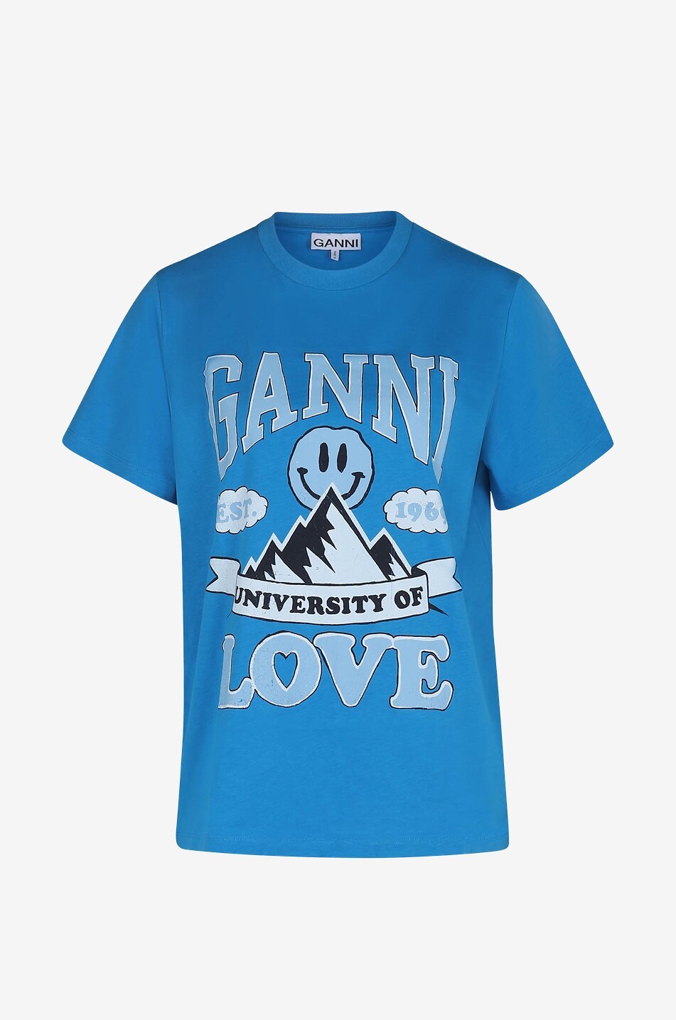GANNI Mountain University Of Love printed organic cotton T-shirt Women BLUE 1