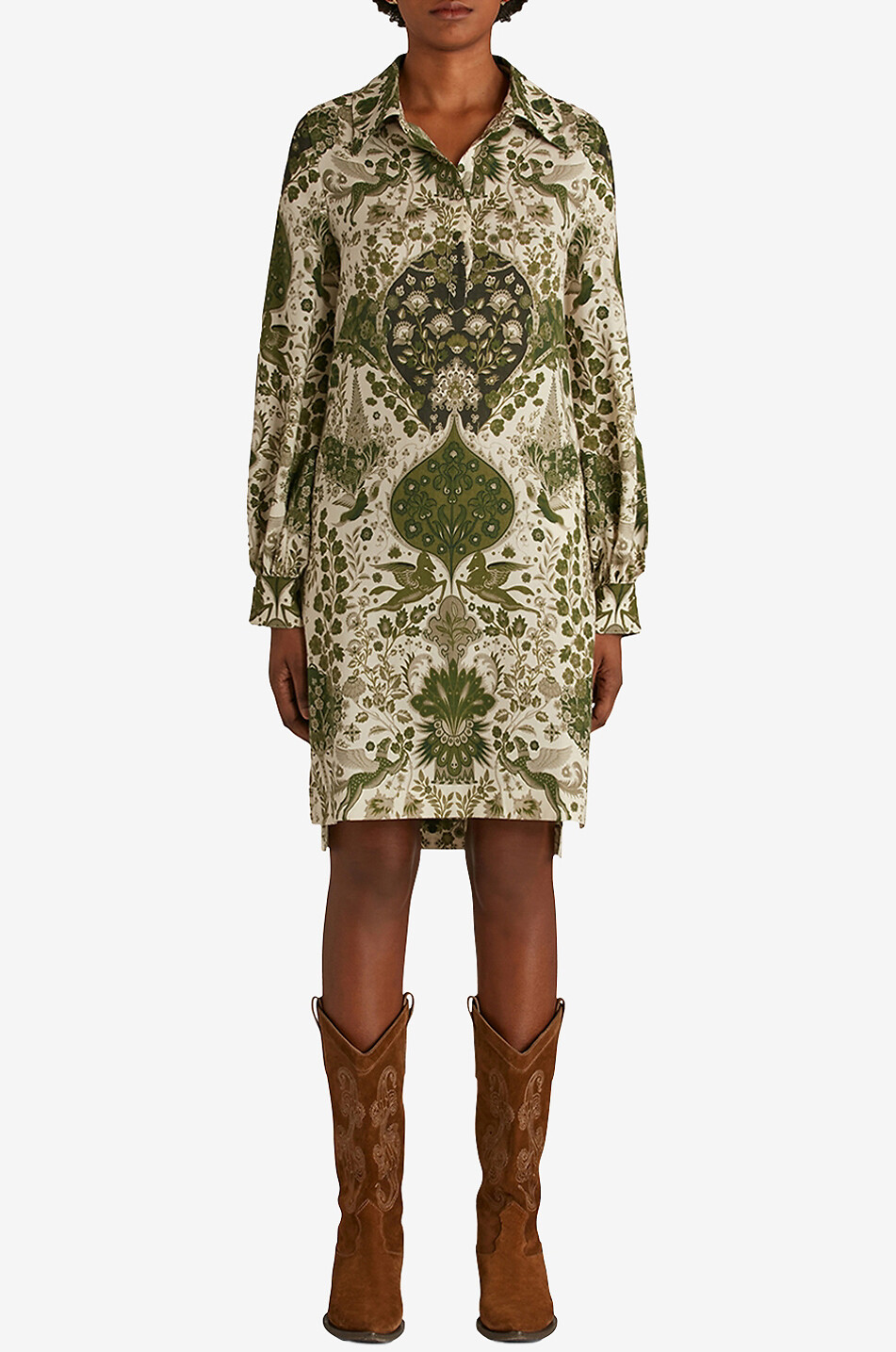 Robe chemisier courte en laine et soie imprimée