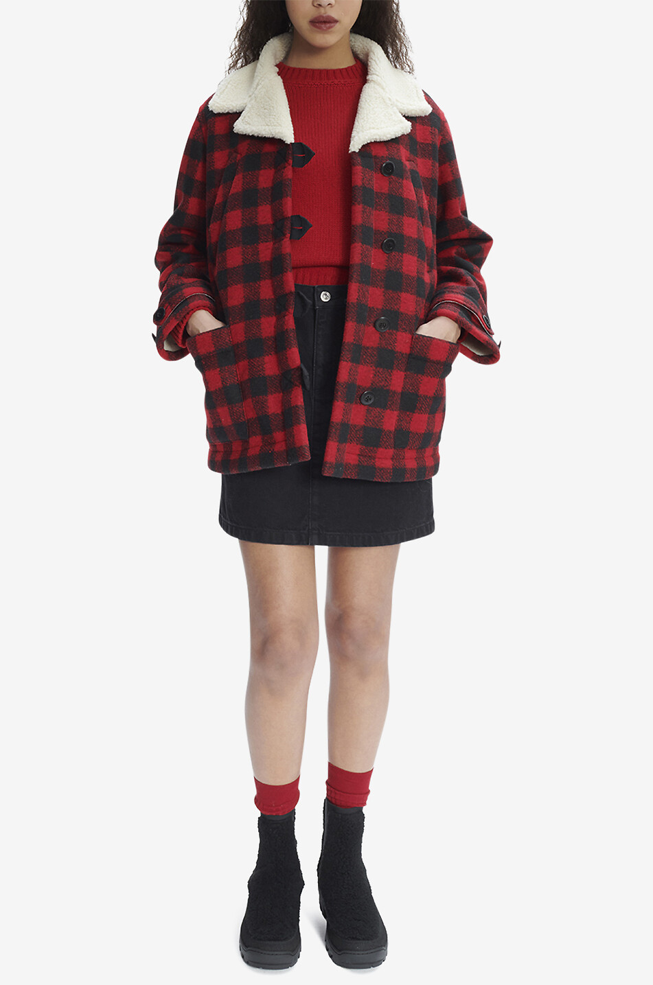 A.P.C. Manteau caban à carreaux et fourrure Federica Femme ROUGE 2