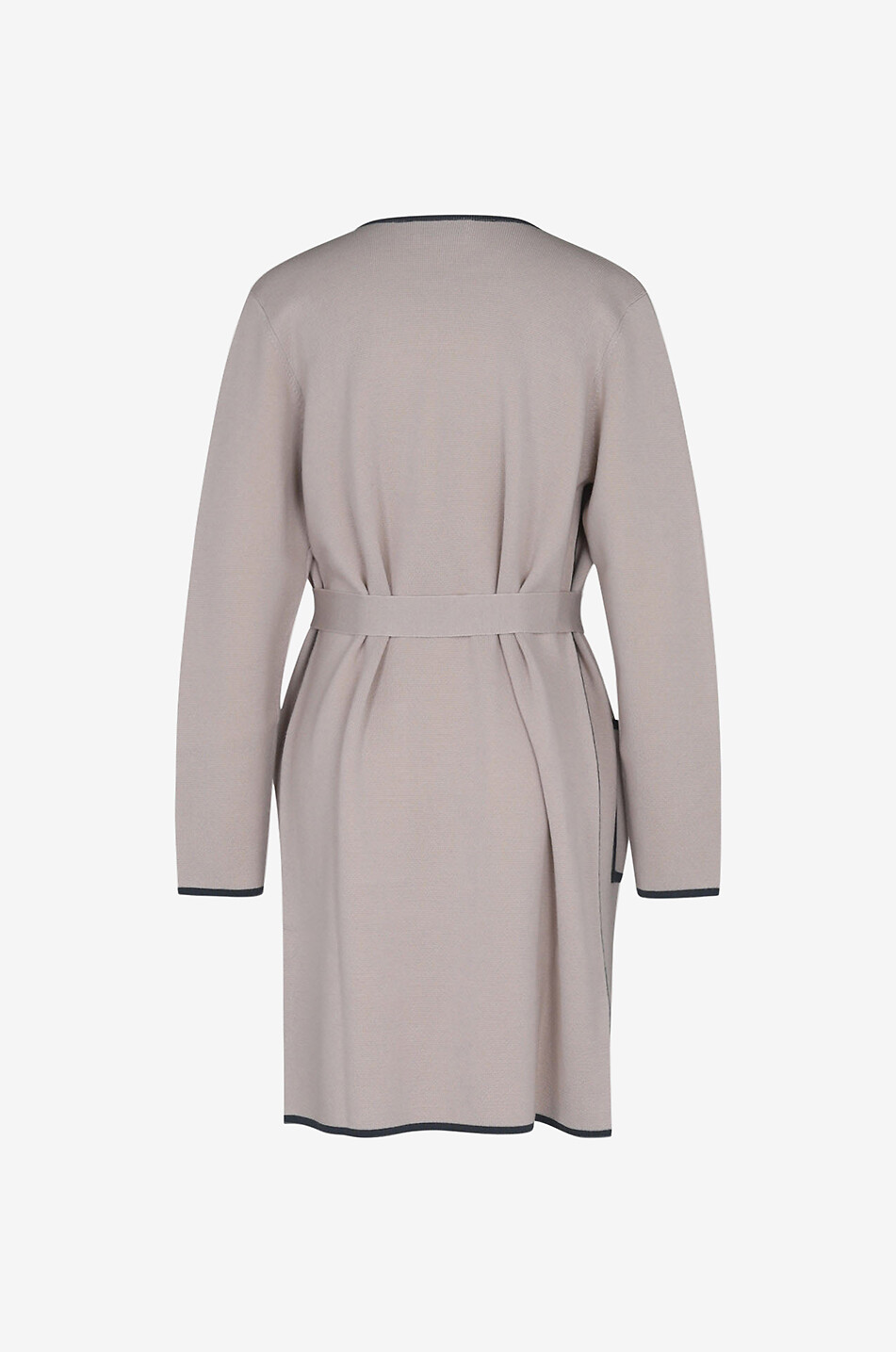 Belted merino wool long cardigan with contrast stripes