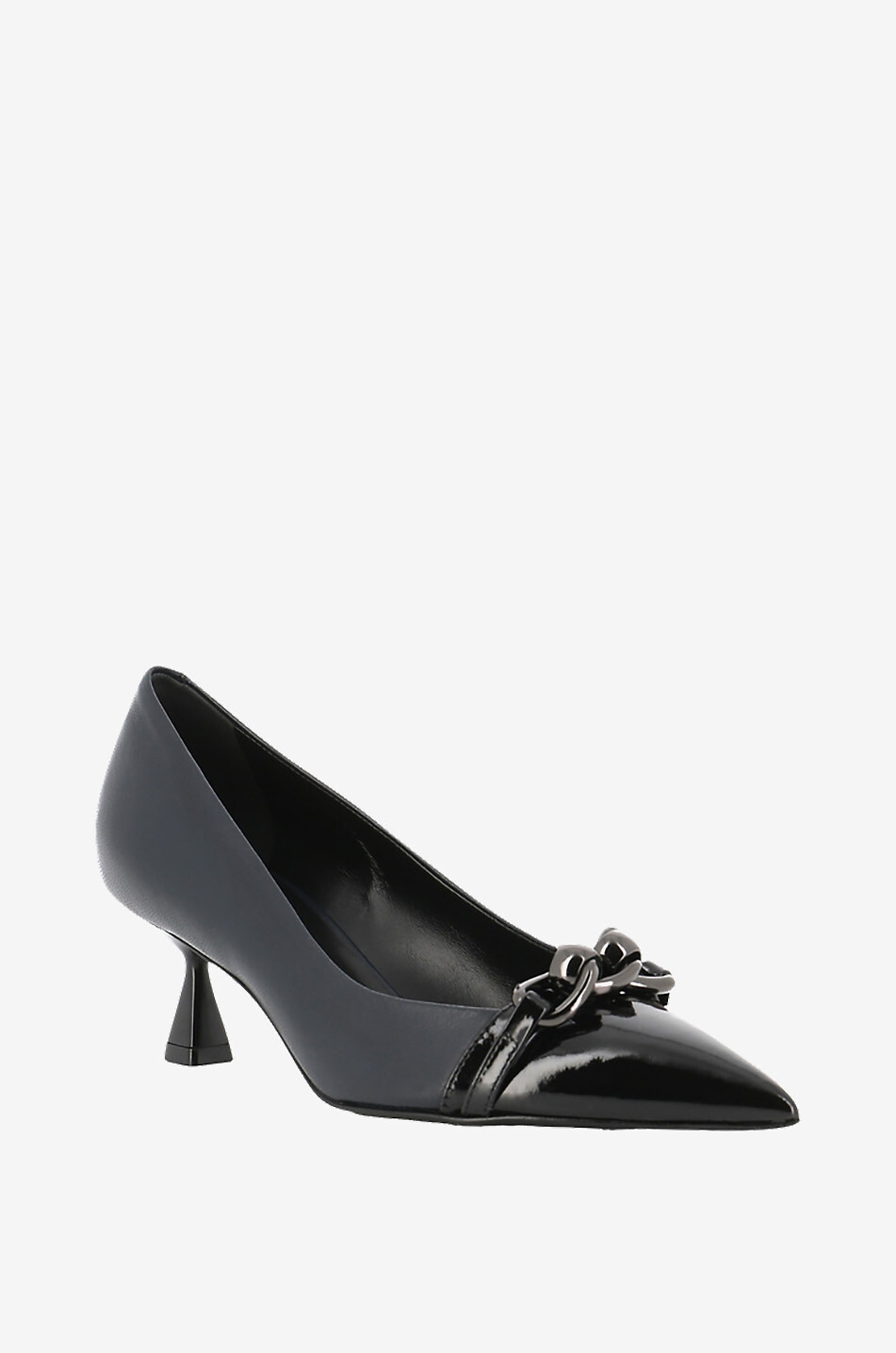 Ally 55 chain adorned smooth and patent leather pumps