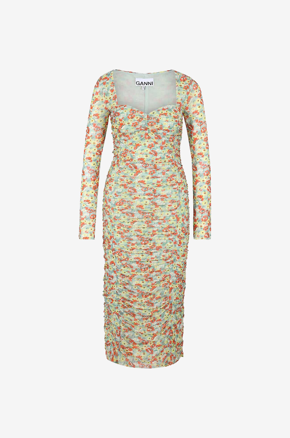 Floral mesh gathered midi dress