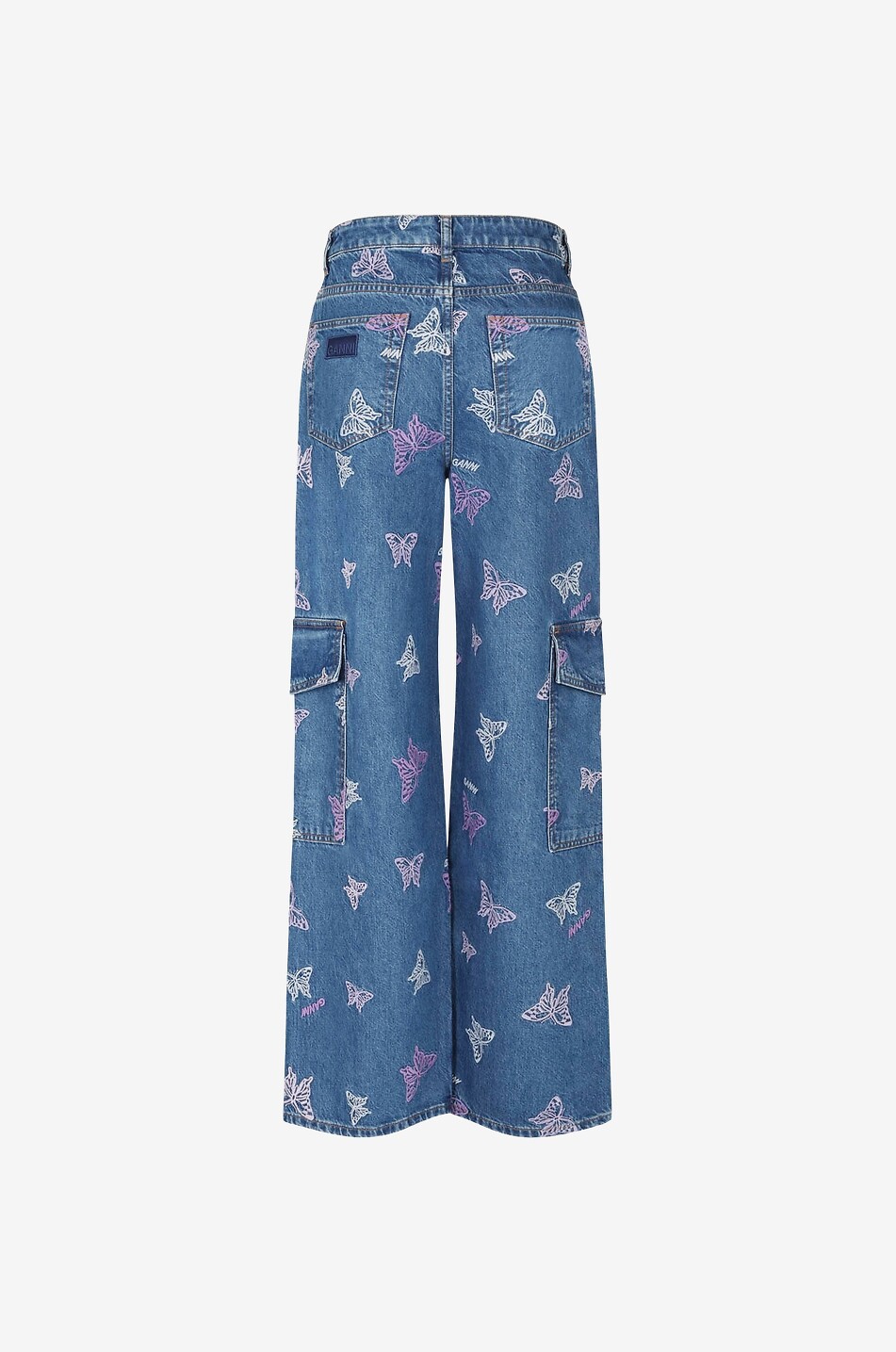 Jean cargo droit taille haute brodé de papillons Angi