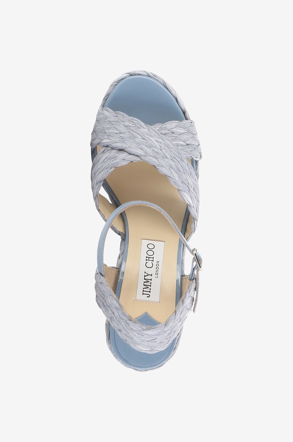 JIMMY CHOO Dellena 100 raffia and patent leather wedge sandals Women BLUE 5