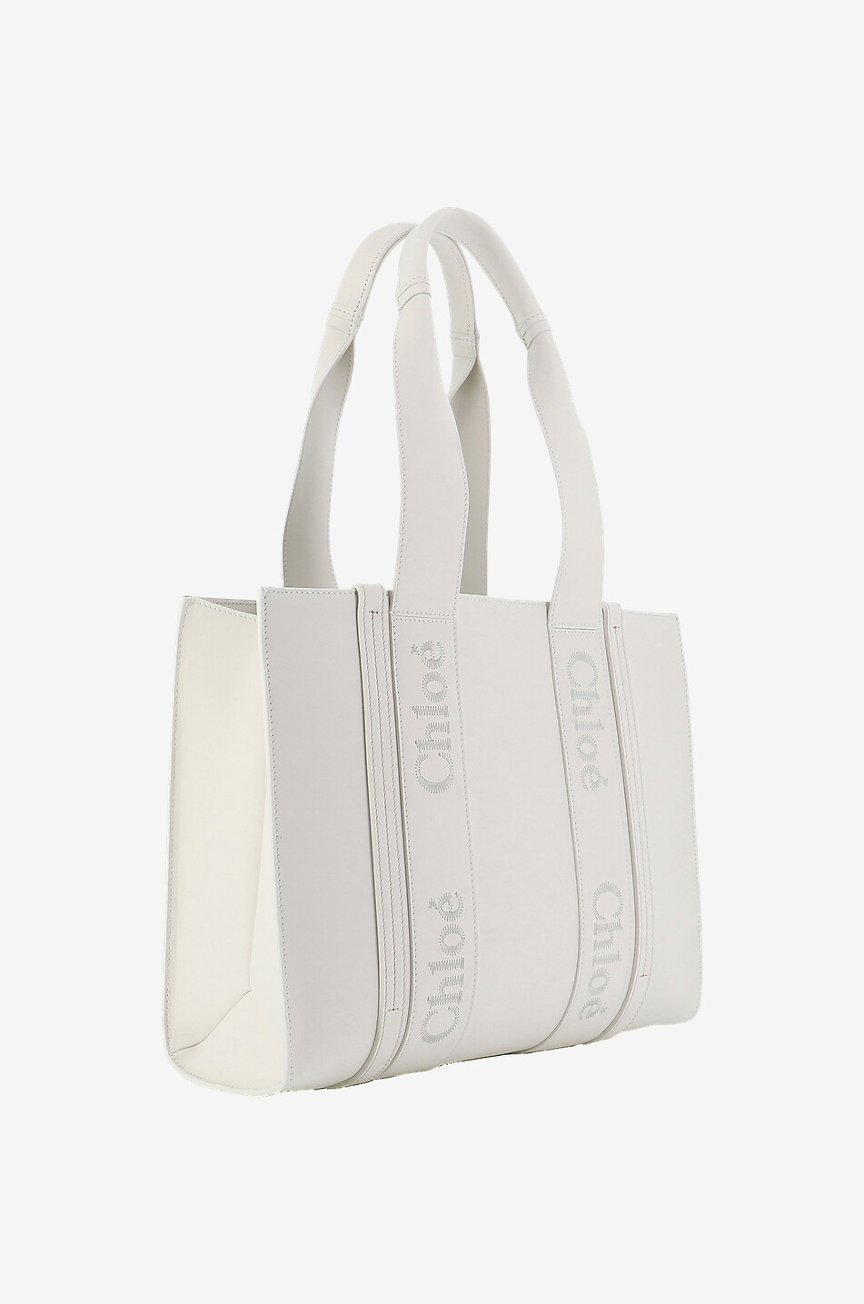 CHLOE Shopper aus besticktem Glattleder Woody Medium Damen WEISS 2