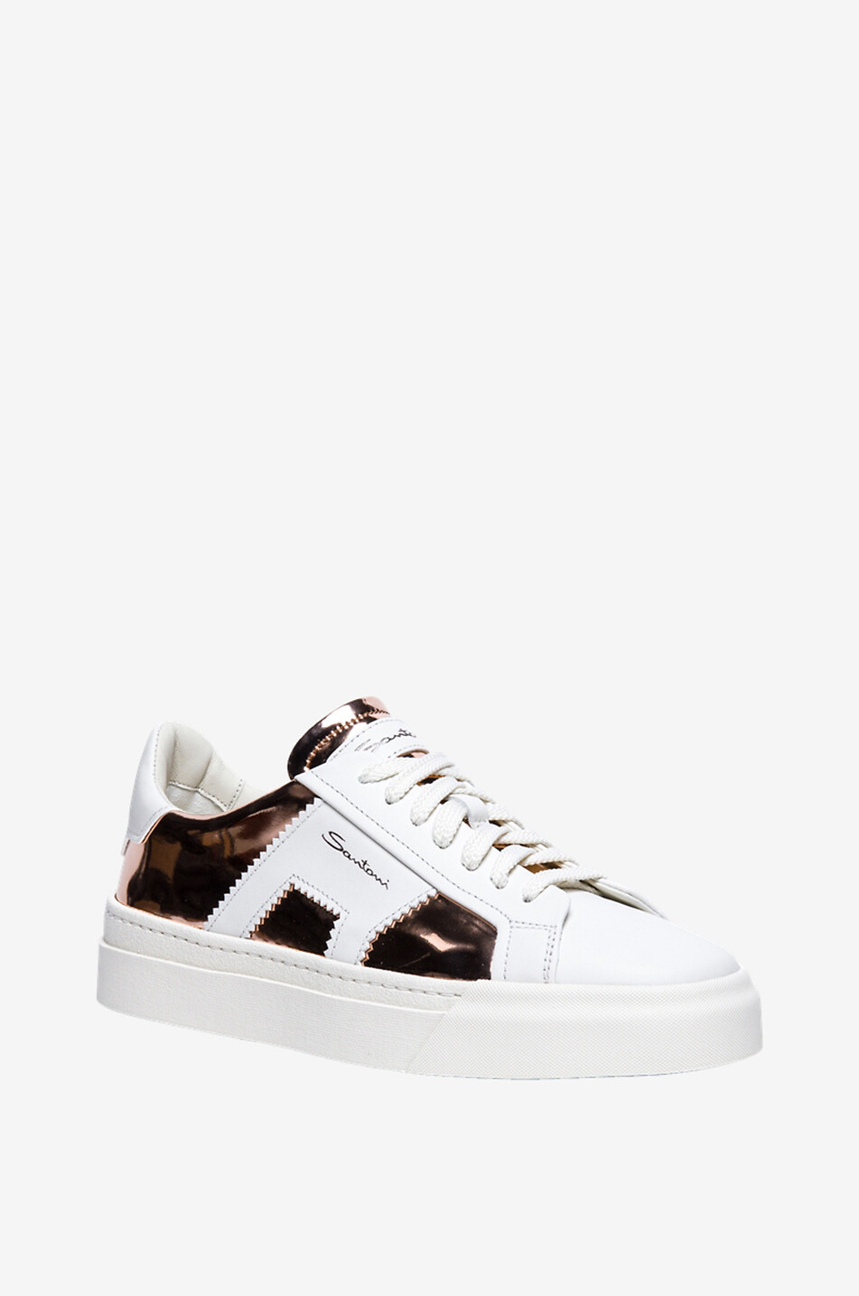 Low-top lace-up leather and metallic leather sneakers