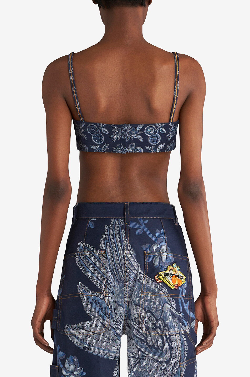 Exotic fruit denim jacquart bustier top