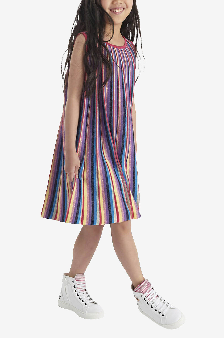 Robe fille sans manches en maille lurex rayée