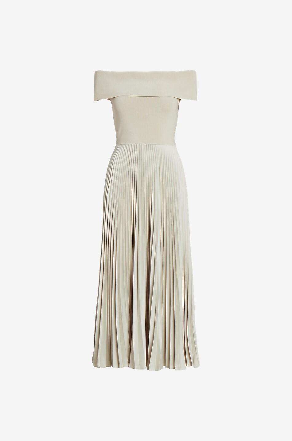 Robe midi plissée bi-matière à épaules dénudées