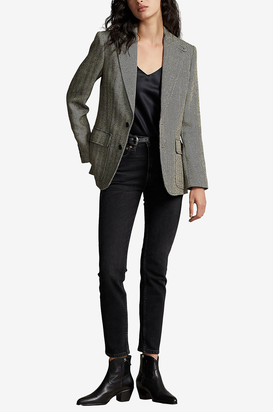Herringbone linen cinched single-breasted blazer