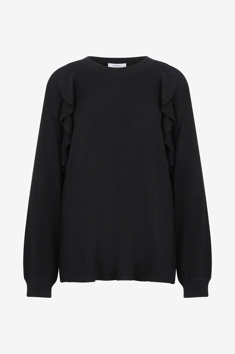 Pull côtelé en soie et cachemire à volants