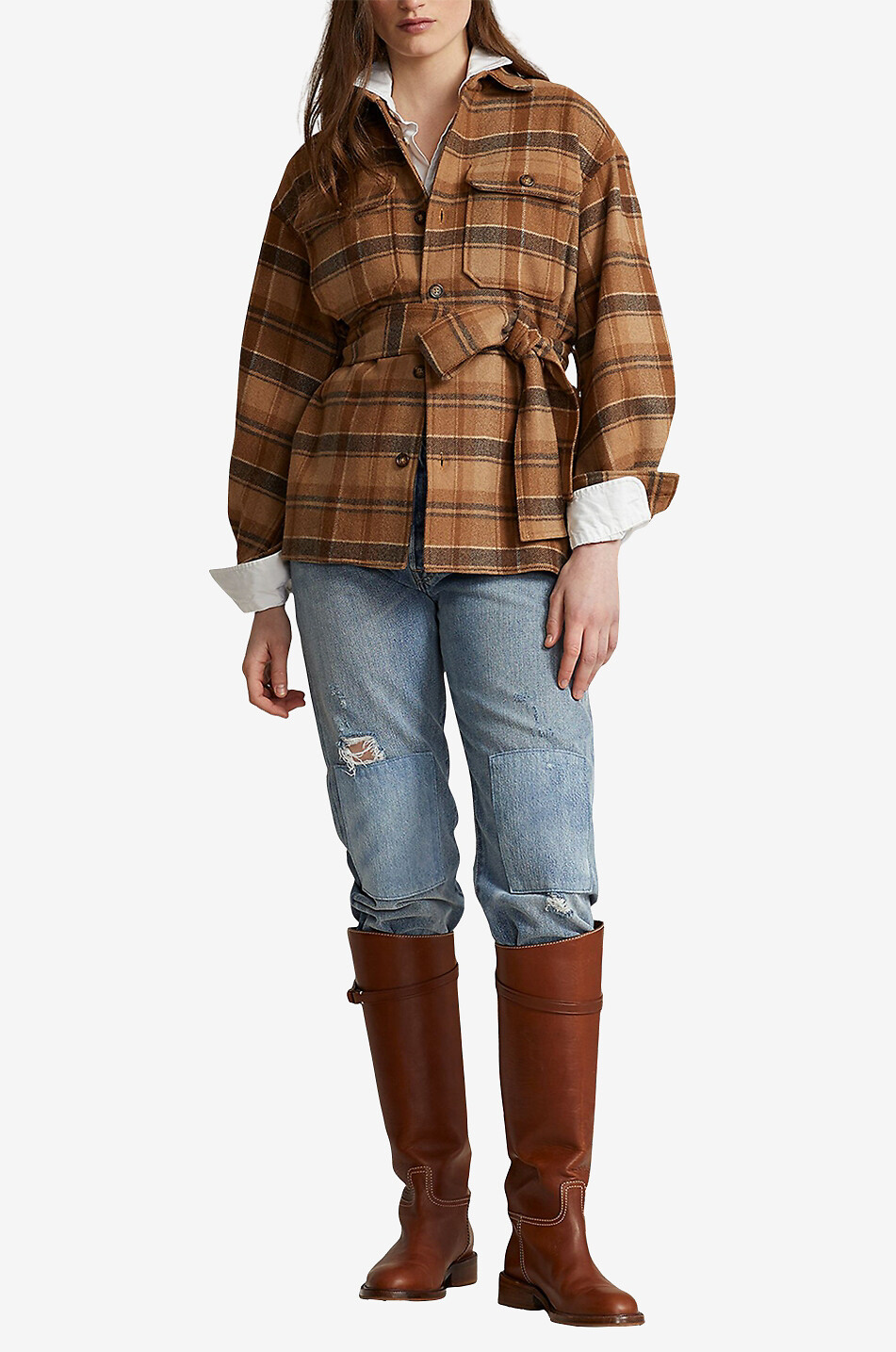 Karierte Hemdjacke mit Gürtel aus recycelter Wolle