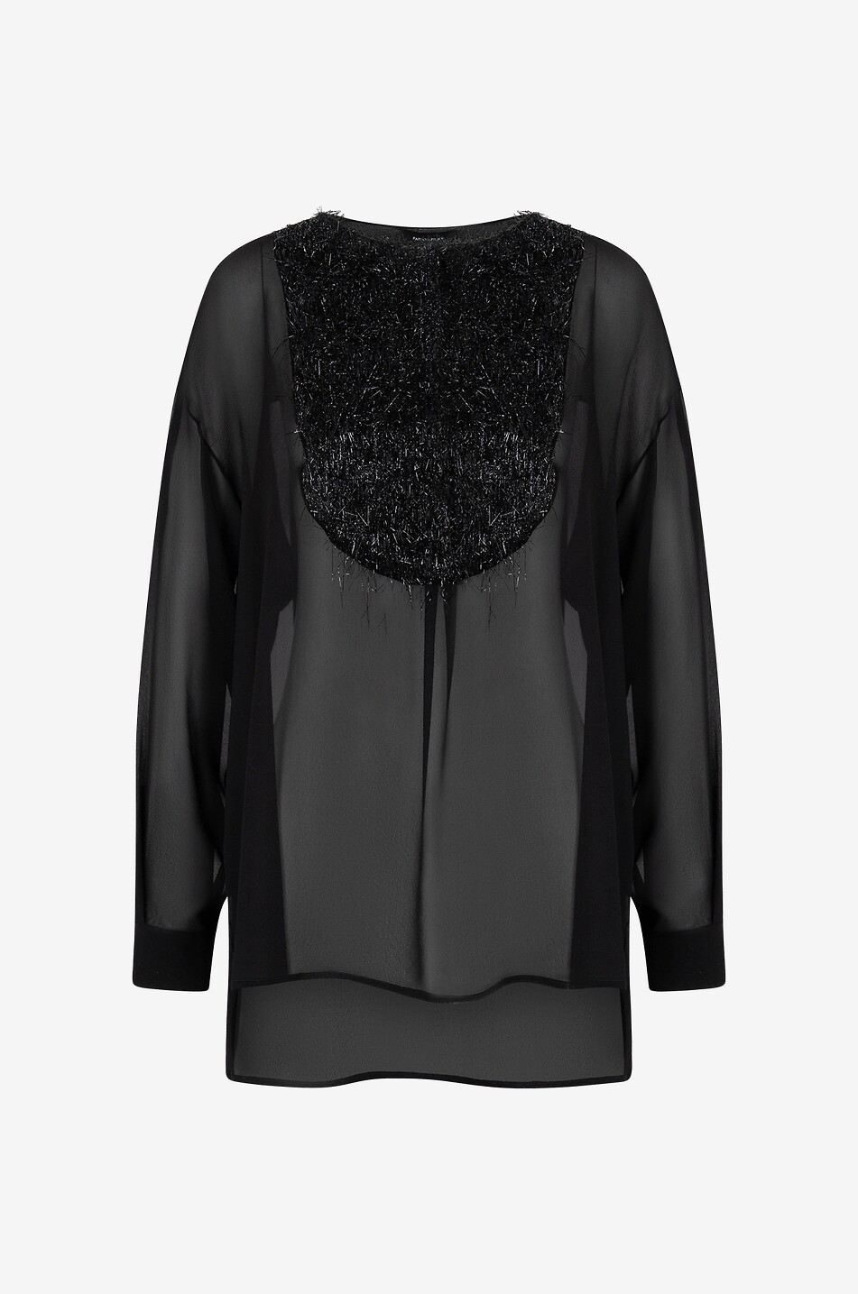 Blouse en mousseline de soie à plastron et franges scintillantes