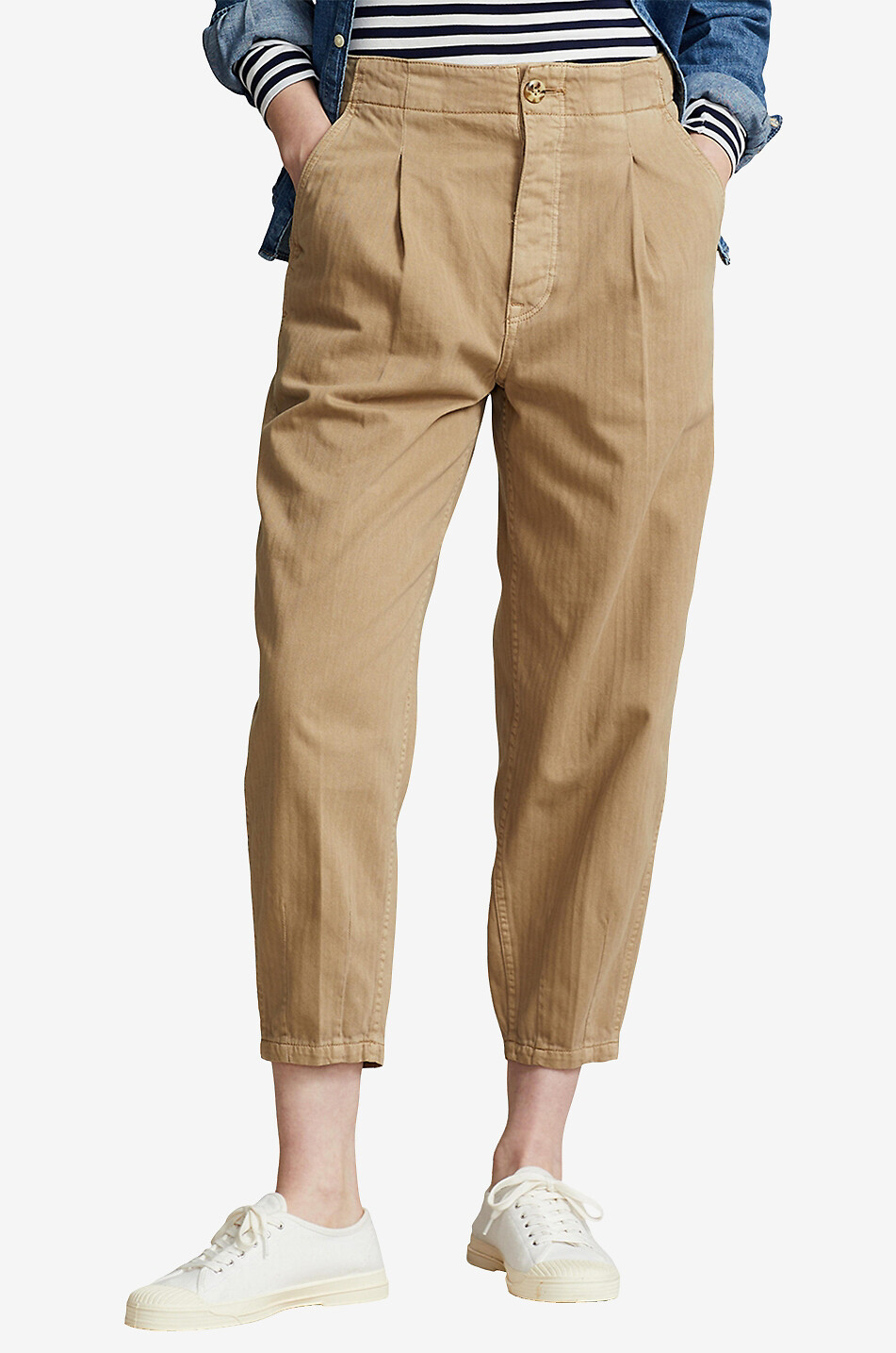 Verkürzte Karottenhose aus Fischgräten-Baumwolle