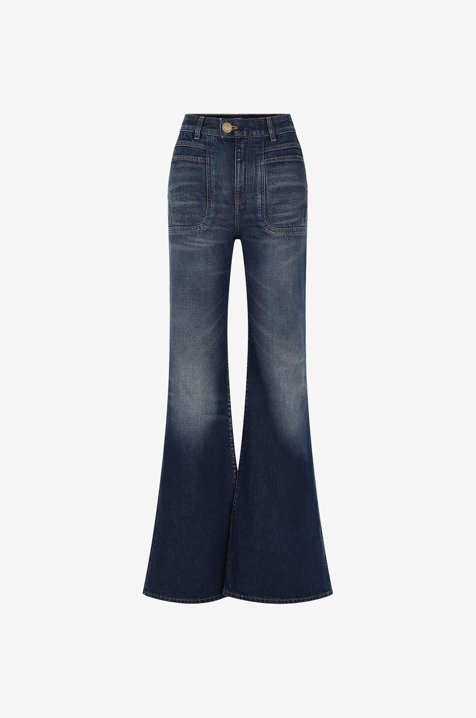 Ausgewaschene ausgestellte Jeans mit hohem Bund und Löwenkopf