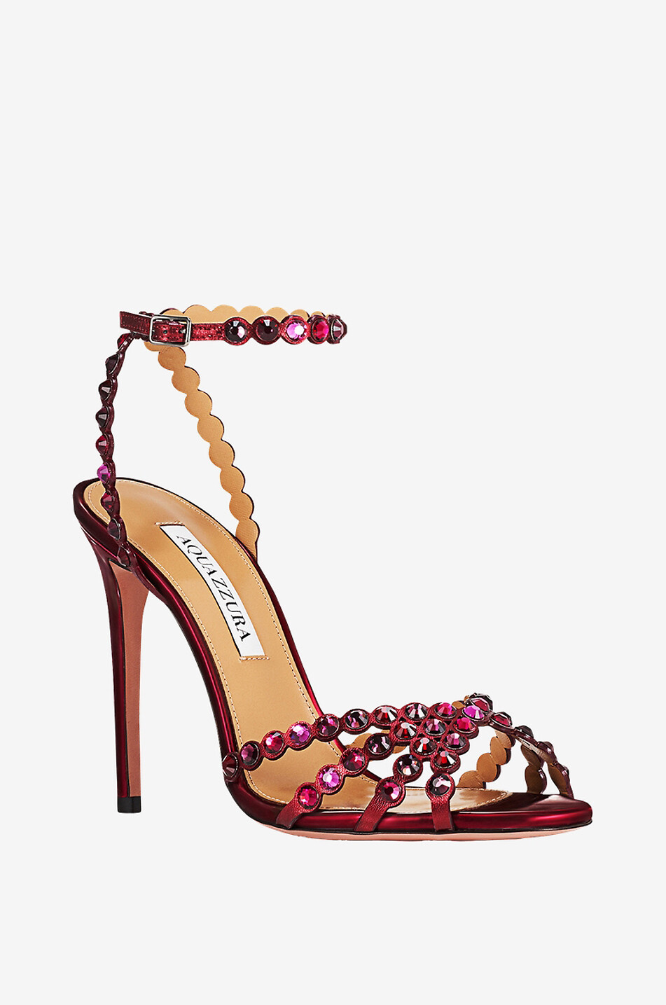 AQUAZZURA Tequila 105 heeled leather and crystal metallic leather sandals Women DARK RED 1