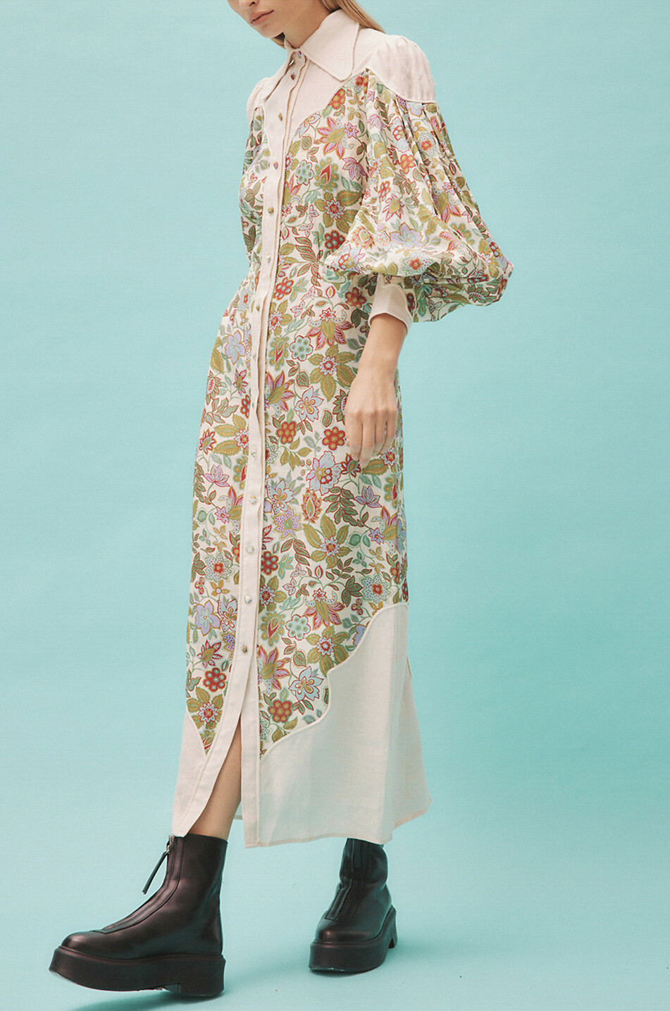 Robe chemise midi en lin fleuri Isabella Panel