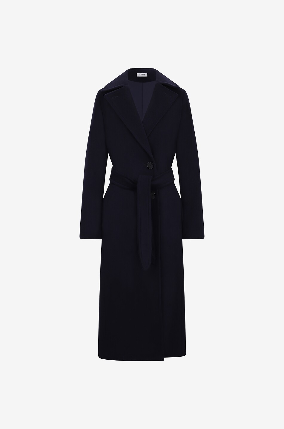 Long double-breasted belted wool coat
