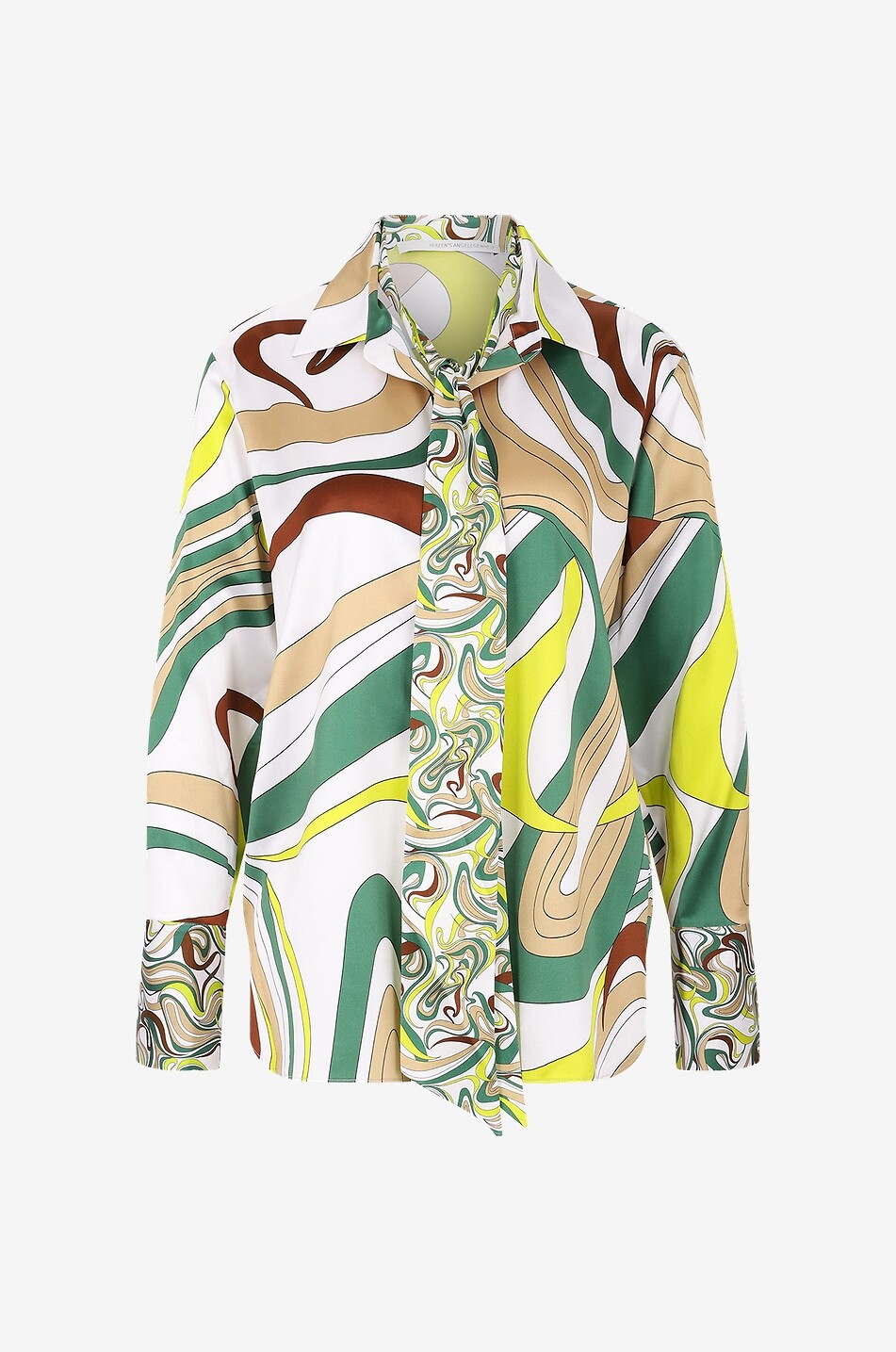 Psychedelic print adorned silk pussy-bow shirt
