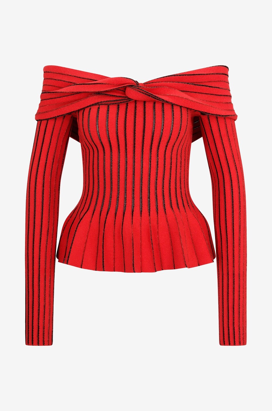 BALMAIN Top en maille rayée à basque et épaules dénudées Femme ROUGE 1