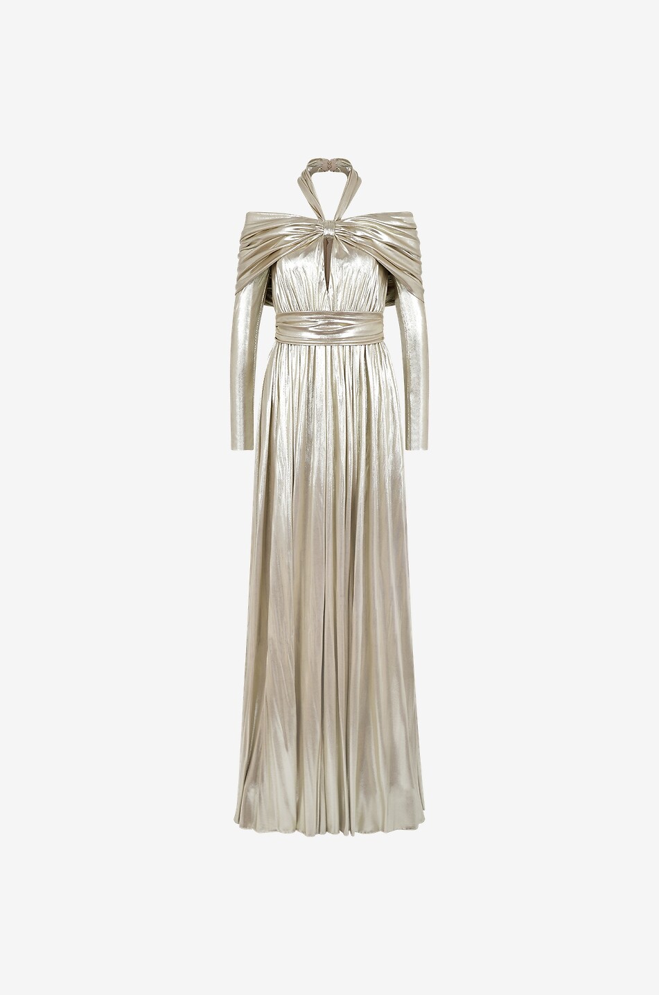 Robe longue drapée en jersey métallisé