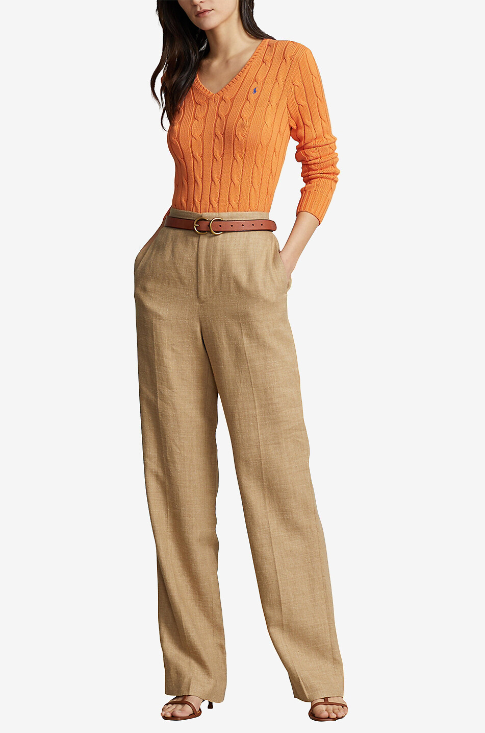 POLO RALPH LAUREN Pull ajusté torsadé à col V en coton Pony Femme ORANGE 4