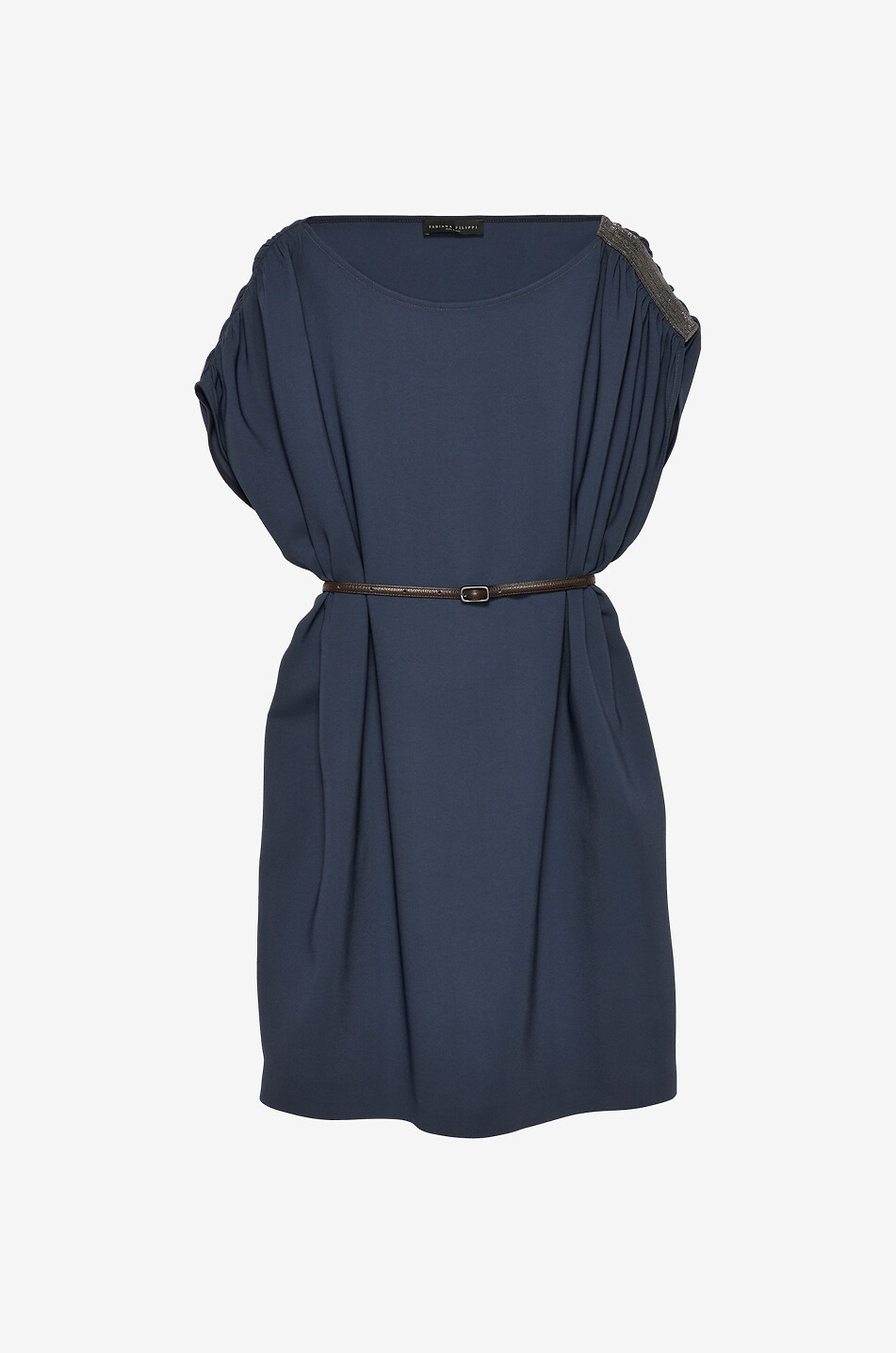 Short belted sleeveless dress in cady