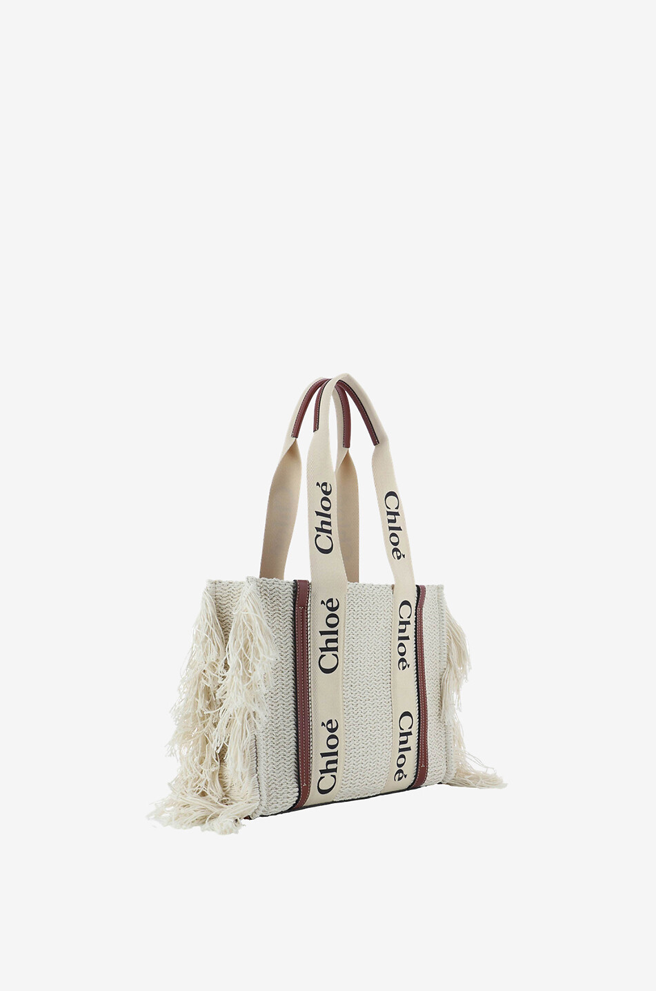 CHLOE Woody Medium fringed recycled cotton knit tote bag Women BEIGE 2