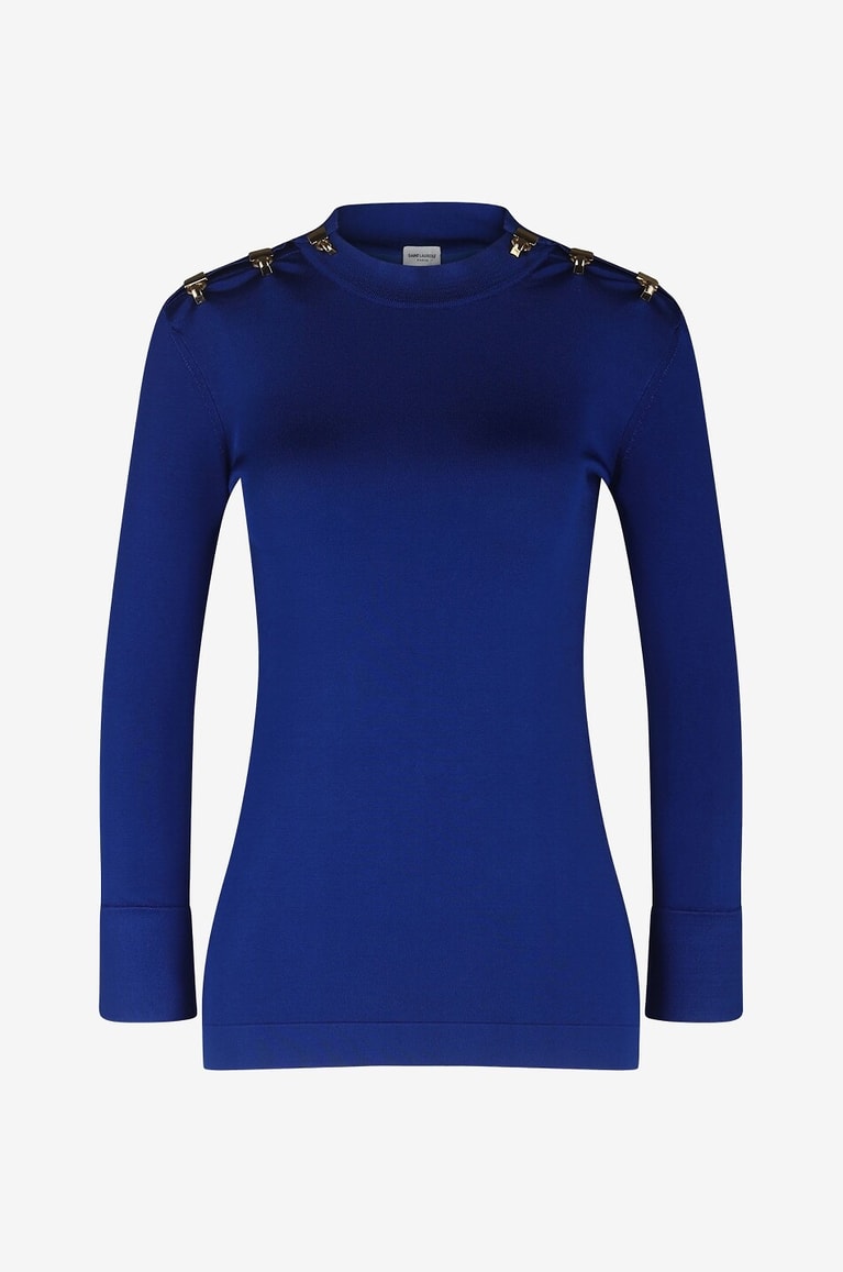 SAINT LAURENT PARIS Feiner satinierter Pullover mit Stehkragen und Hakendetails Damen BLAU 1
