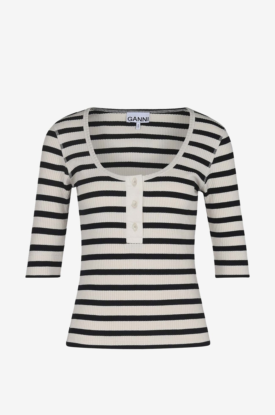 GANNI T-shirt rayé ajusté en maille côtelé col Henley Femme BLANC 1