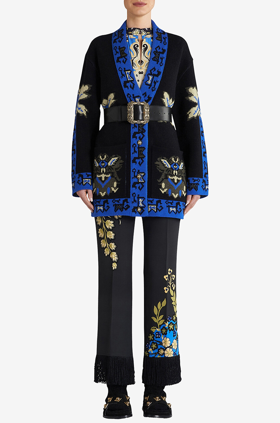 Cardigan jacquard en laine à motifs géométriques