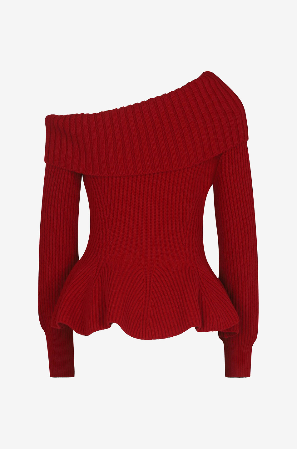ALEXANDER McQUEEN Pull côtelé épaule nue à basque en laine et cachemire Femme ROUGE 2