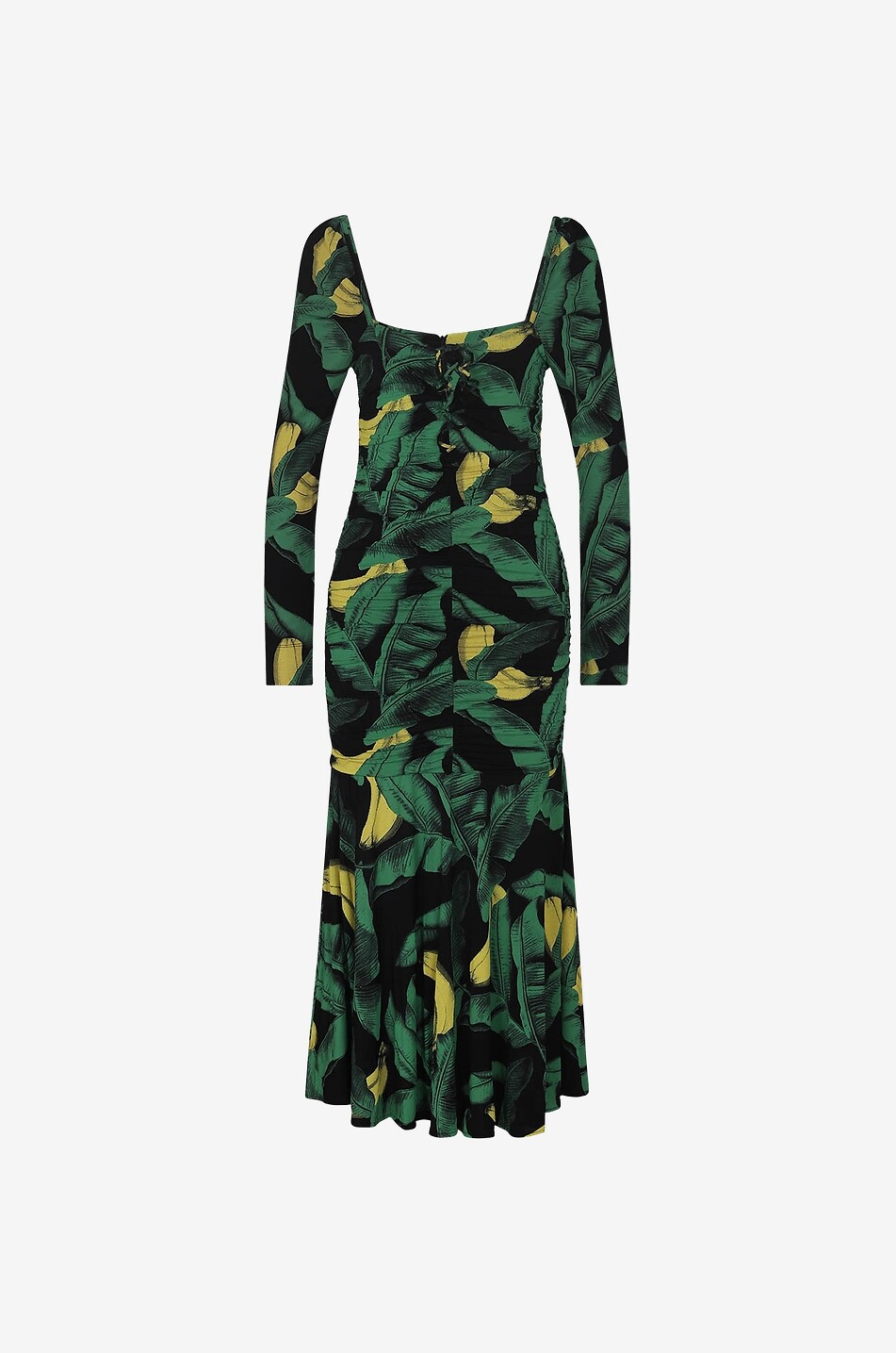 Banana printed shirred jersey midi dress