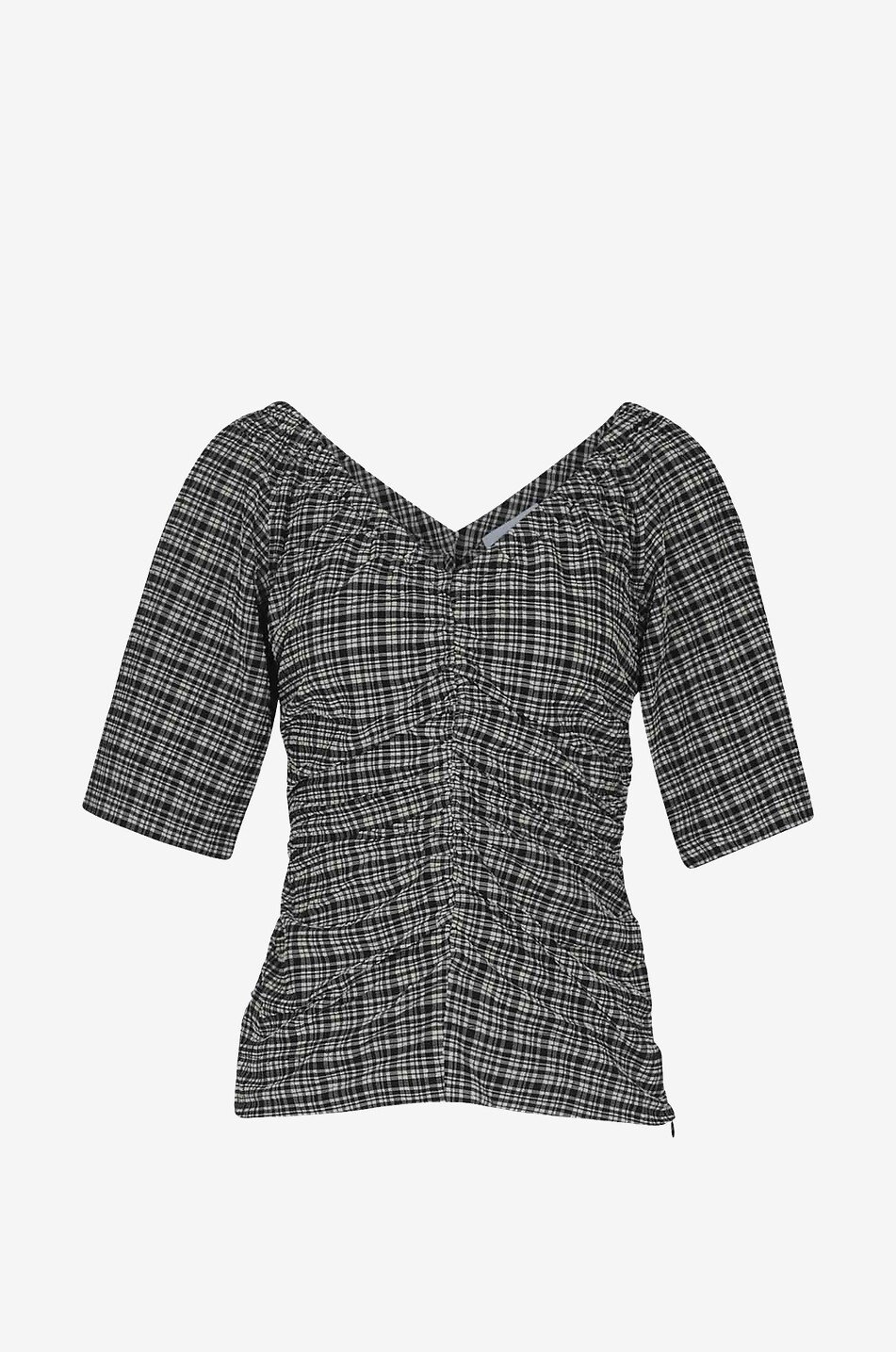 Blouse à carreaux et col V en seersucker