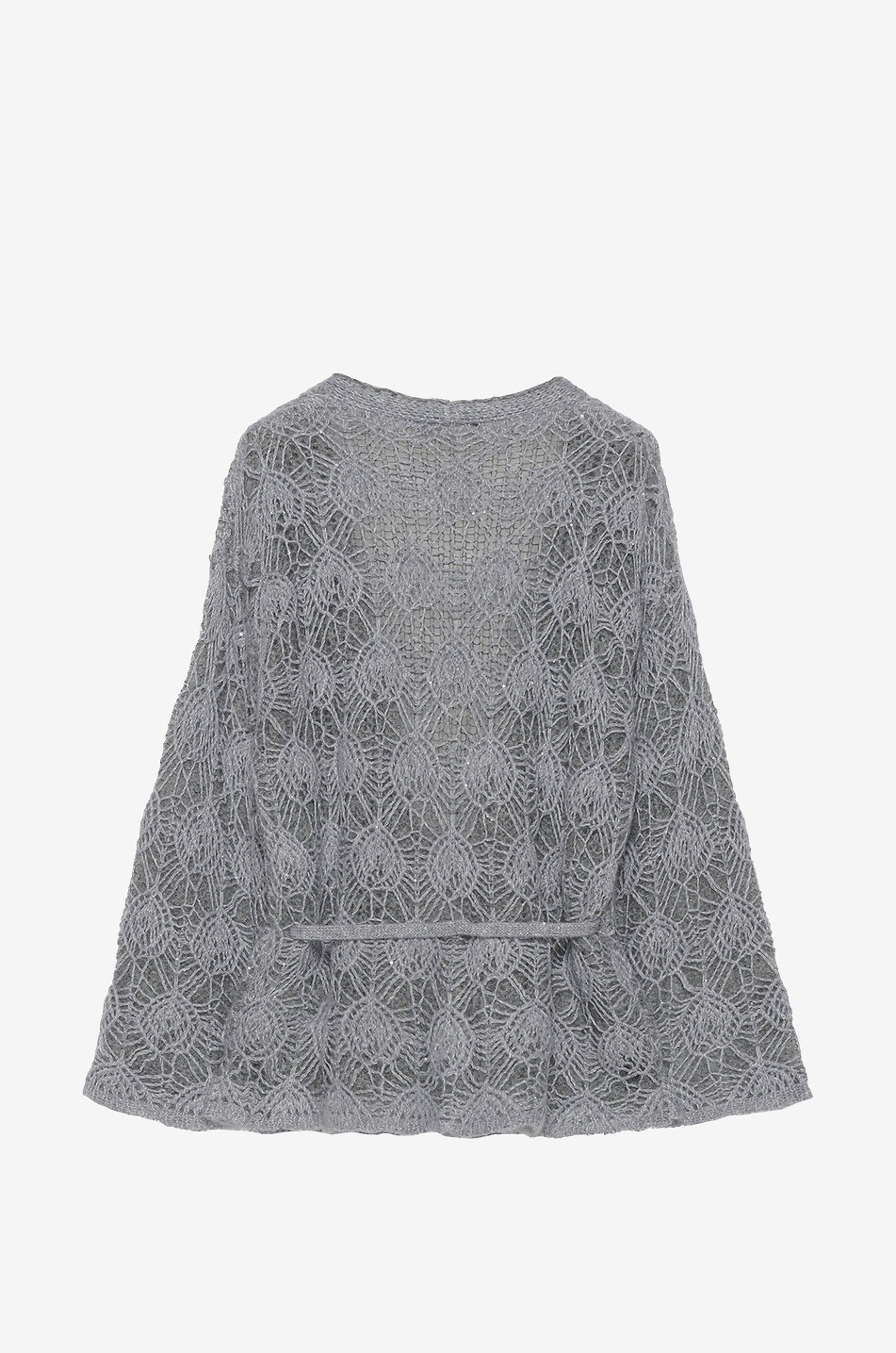 Belted sequinned openwork knit cardigan