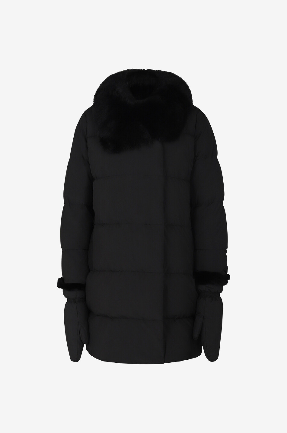 Fur trimmed down jacket and mittens