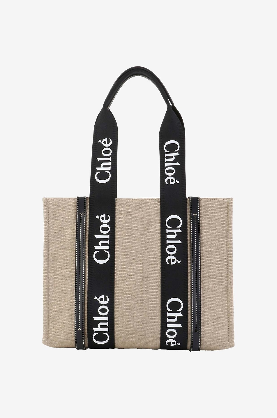 CHLOE Woody Medium linen and leather tote bag Women BLACK 1