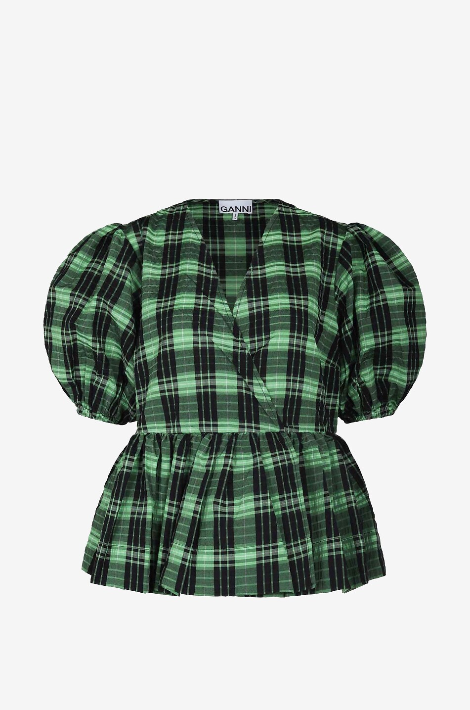 GANNI Peplum wrap effect top in checked seersucker Women GREEN 1