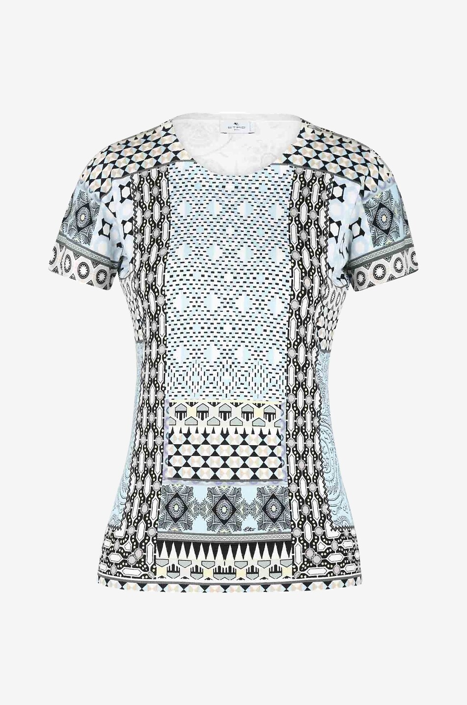 Kurzarm-Seidenpullover mit Patchwork-Print
