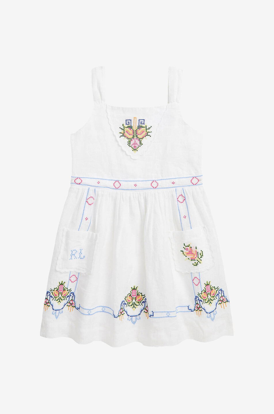 Mädchen-Trägerkleid aus Leinen mit Blütenstickereien