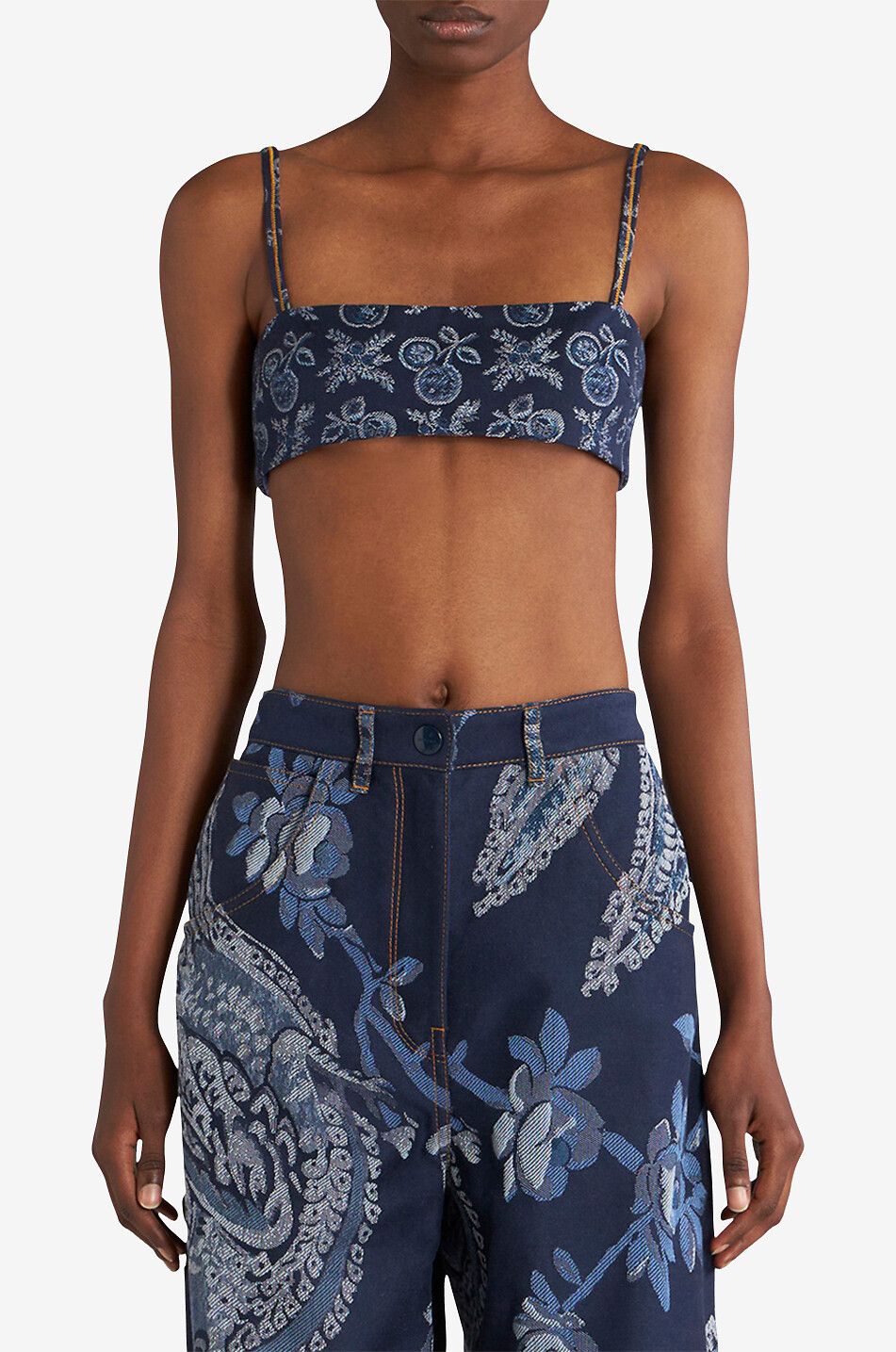 Exotic fruit denim jacquart bustier top
