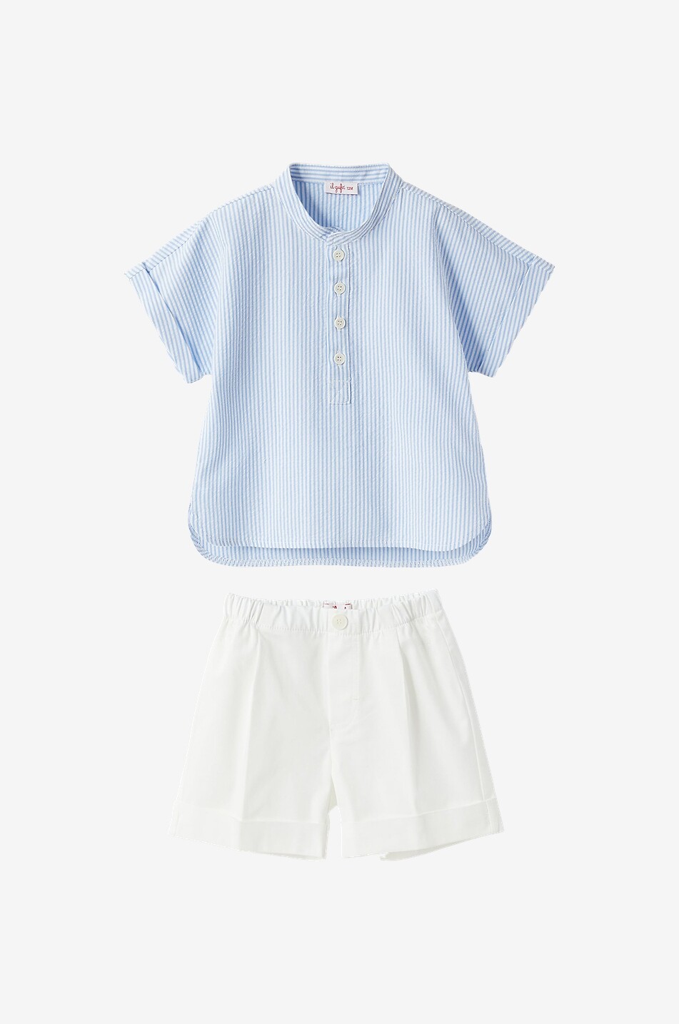 $248 Il Gufo boys soft white cotton shirt & pull online on navy pants