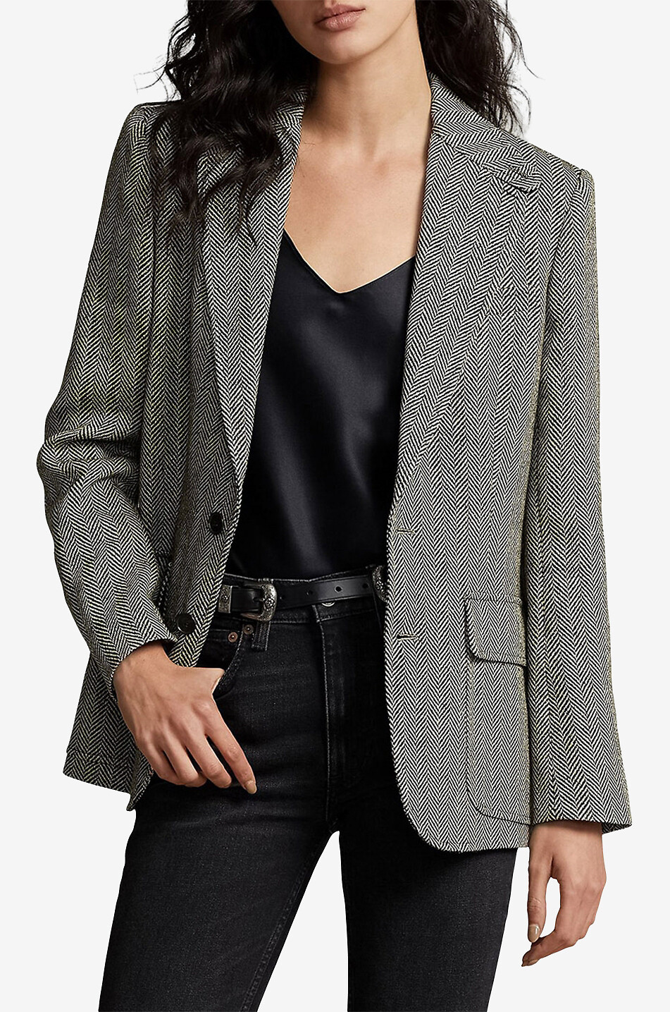 Herringbone linen cinched single-breasted blazer
