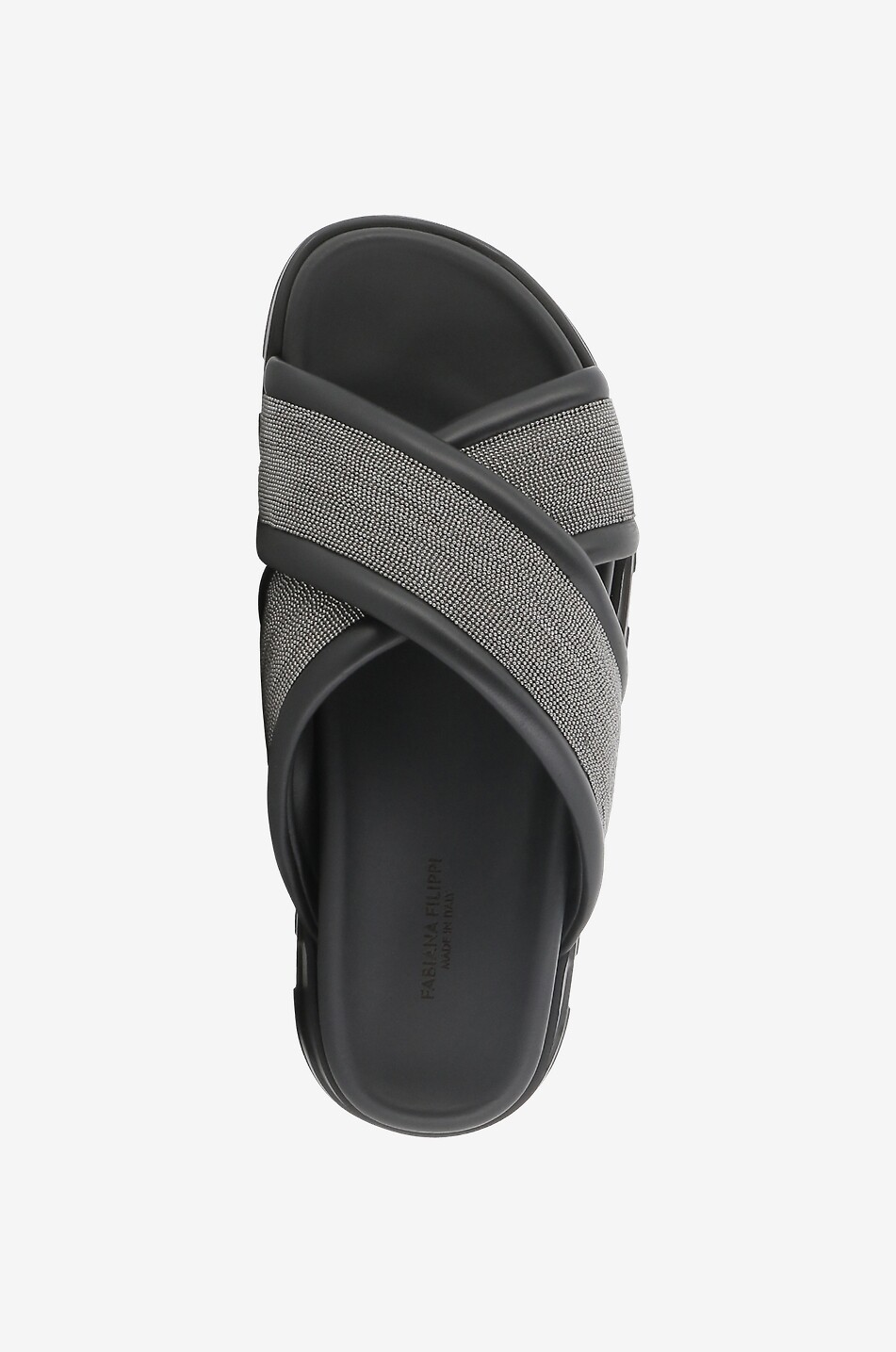 Glittering bead adorned flat nappa leather slides