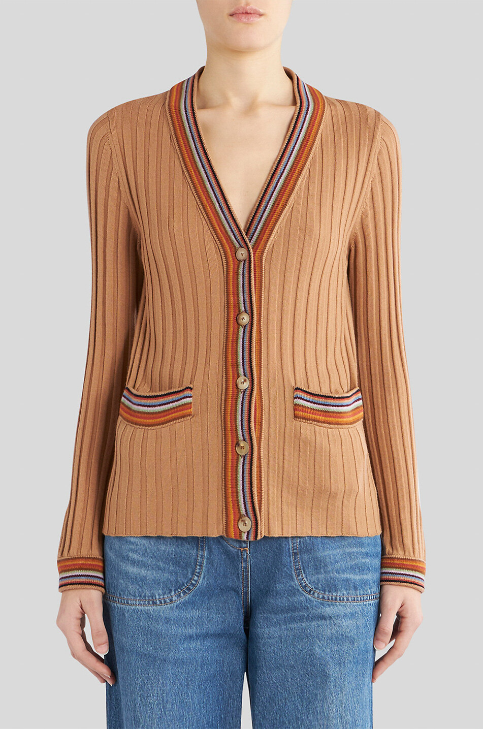 ETRO Cardigan côtelé à col V rayé Femme BEIGE 3