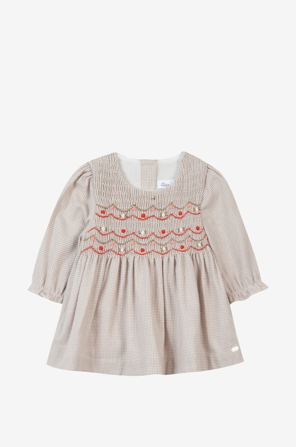 Baby-Flanell-Kleid mit Hahnentritt und Blütenstickereien